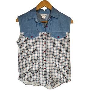 Vtg Katelyn Rose Western Hillbilly Denim Heart Gingham 90s Vest Shirt Large